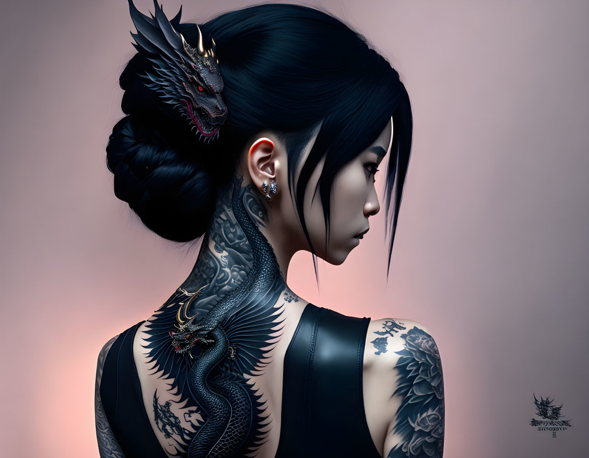 Woman with Dragon Tattoo and Dragon-like Creature on Shoulder on Pink Background