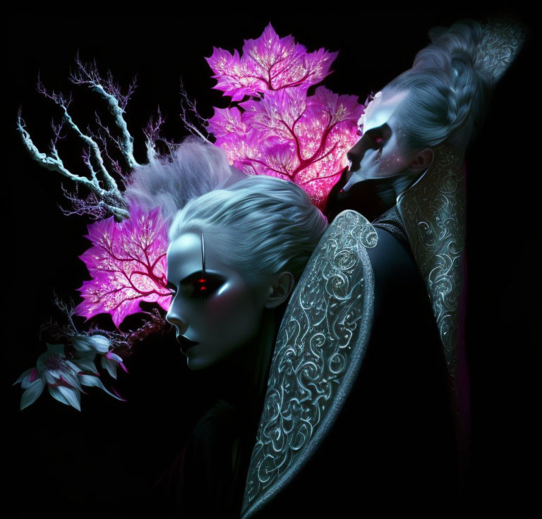 Ethereal beings with glowing red eyes in intricate attire against black background with neon pink flora