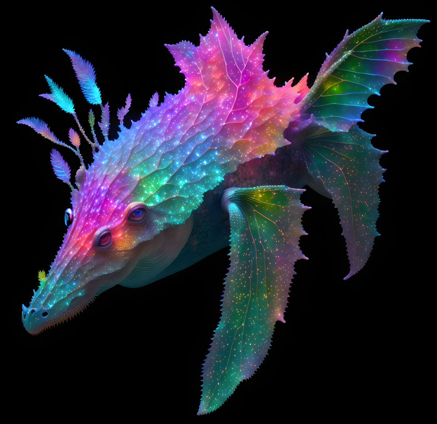 Colorful digital artwork: fantastical leafy sea dragon creature with iridescent scales.