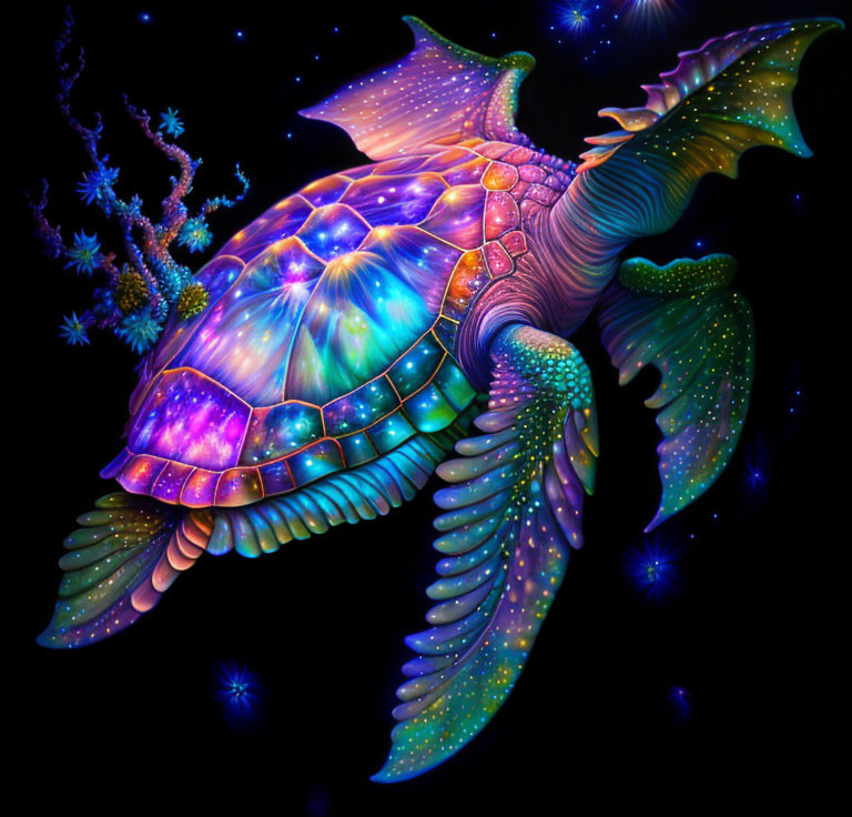 Colorful Turtle Digital Illustration with Cosmic Pattern and Star-like Surroundings