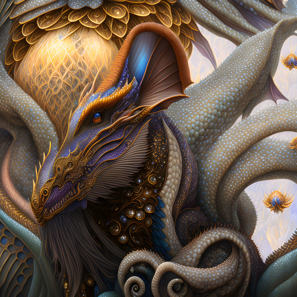 Detailed dragon with golden accents and glowing tentacles.