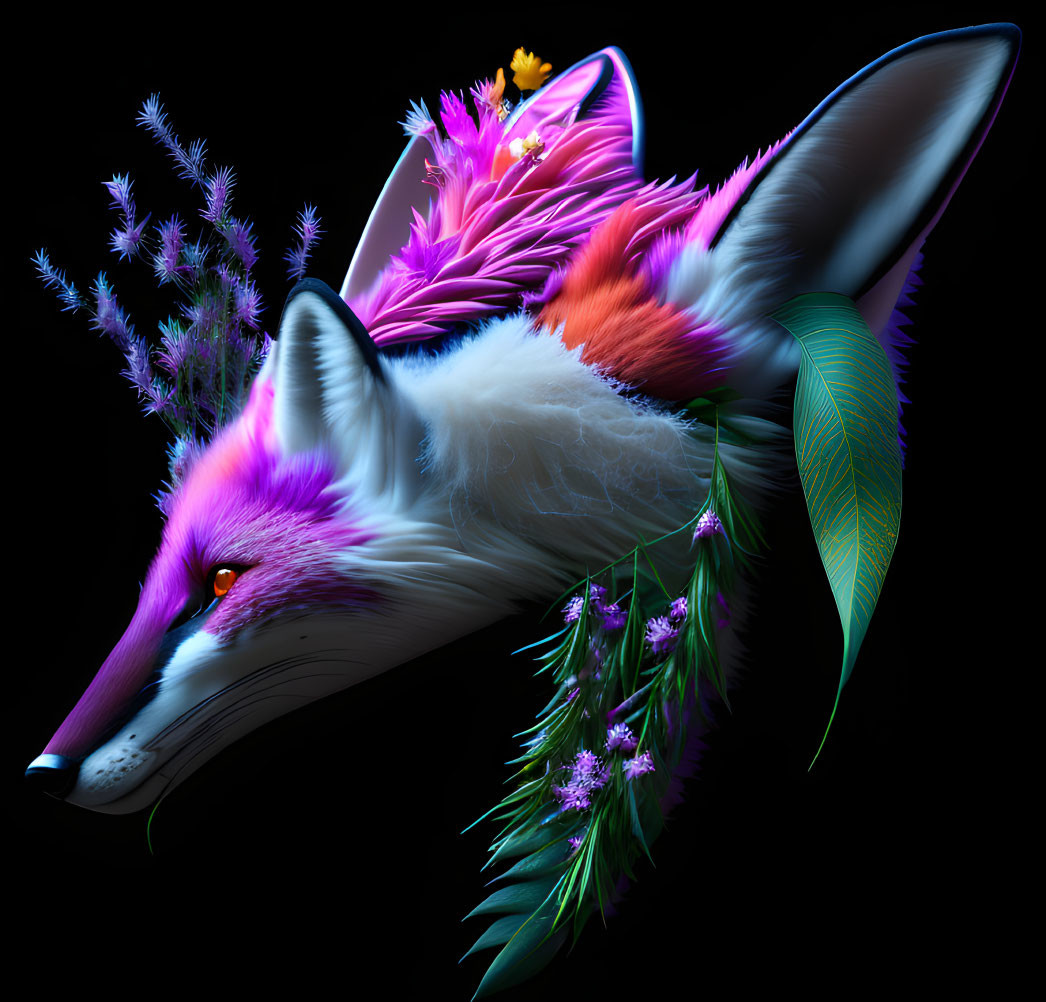 Colorful Fox Artwork with Plant-like Features on Black Background