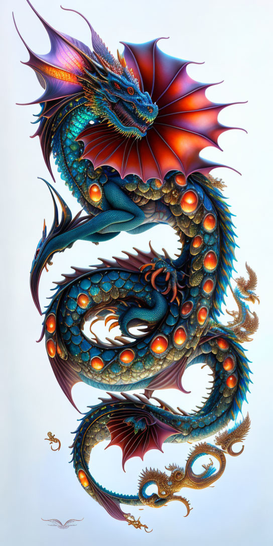 Colorful Dragon with Blue Scales and Red-Orange Wings on Pale Background