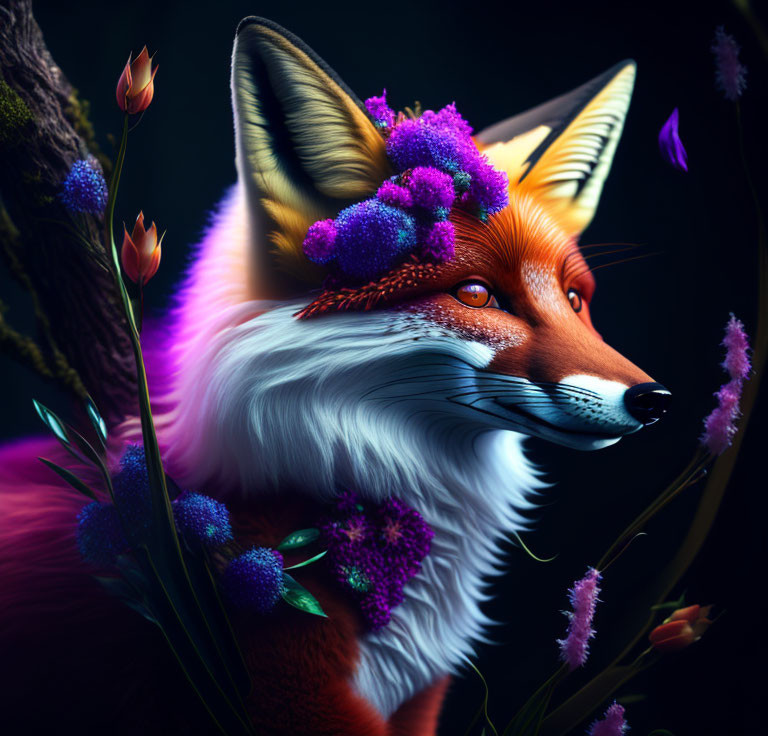 Detailed Fox Illustration Surrounded by Flowers