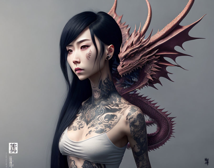 Digital artwork featuring woman with black hair, tattoos, red dragon on gray background