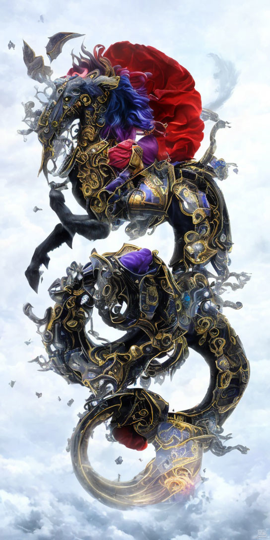 Dragon in golden armor with red rose in cloudy sky.