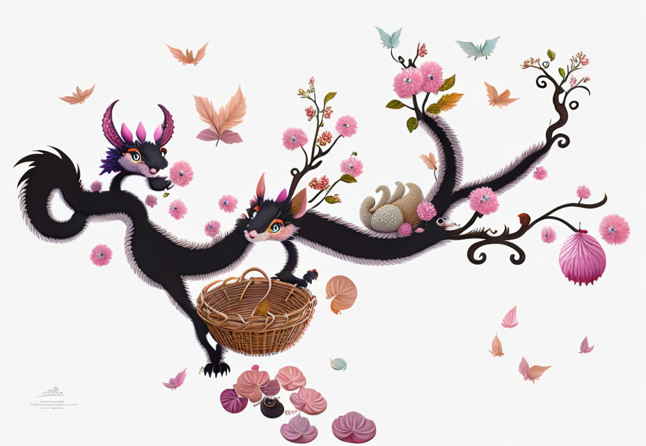 Whimsical black creatures with horns in pink floral scene