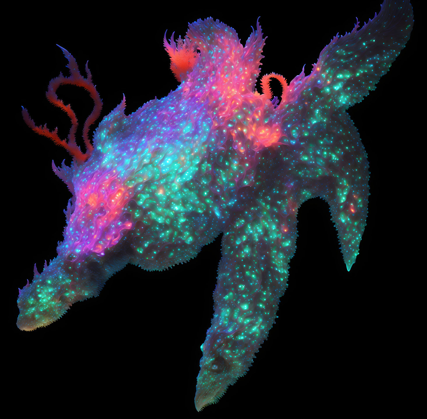 Multicolored glowing dragon-like creature on black background