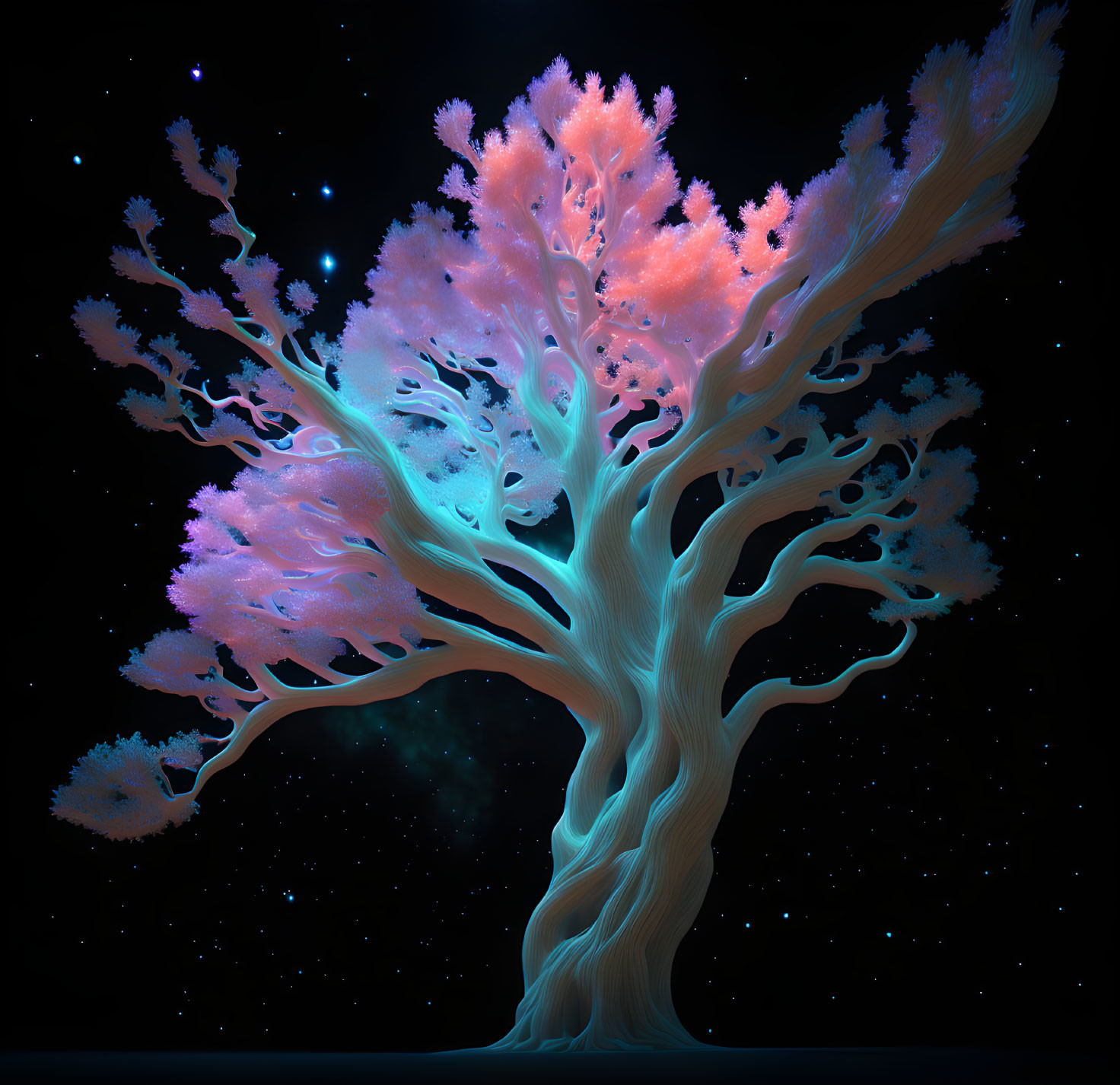 Colorful digital artwork: Tree with coral-like leaves on starry night.