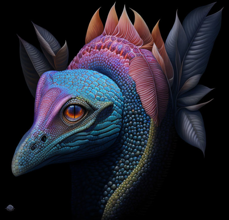 Vibrant blue dinosaur-like creature with orange eye and colorful frill