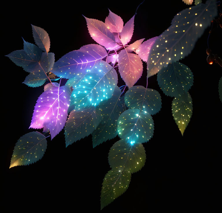 Vibrant Bioluminescent Leaves in Purple, Blue, and Green on Dark Background