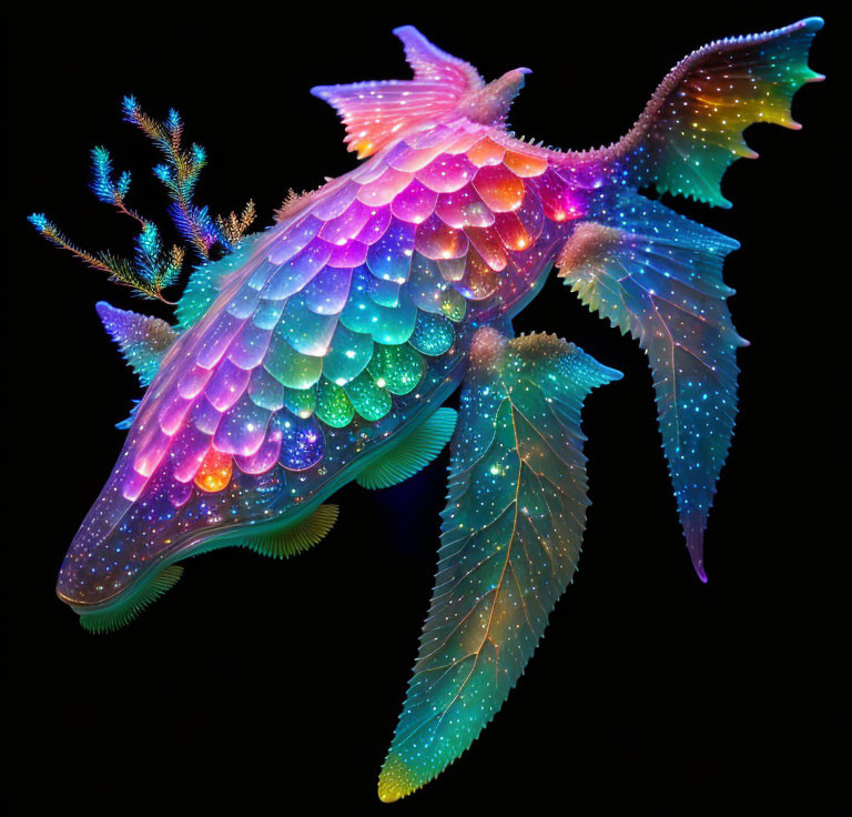 Colorful digital artwork: Fantastical fish with neon scales and fins