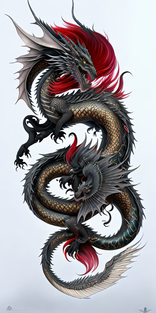 Detailed Black Dragon Illustration with Red Eyes and Loops on Light Background