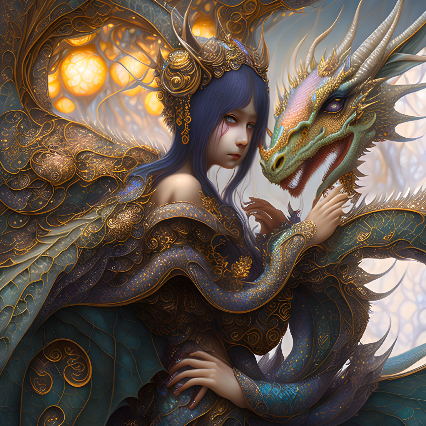 Fantasy illustration of woman with blue hair in dragon-inspired attire touching golden dragon