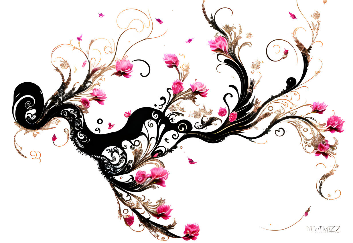 Floral Design with Black, Gold, and Pink Patterns on White Background