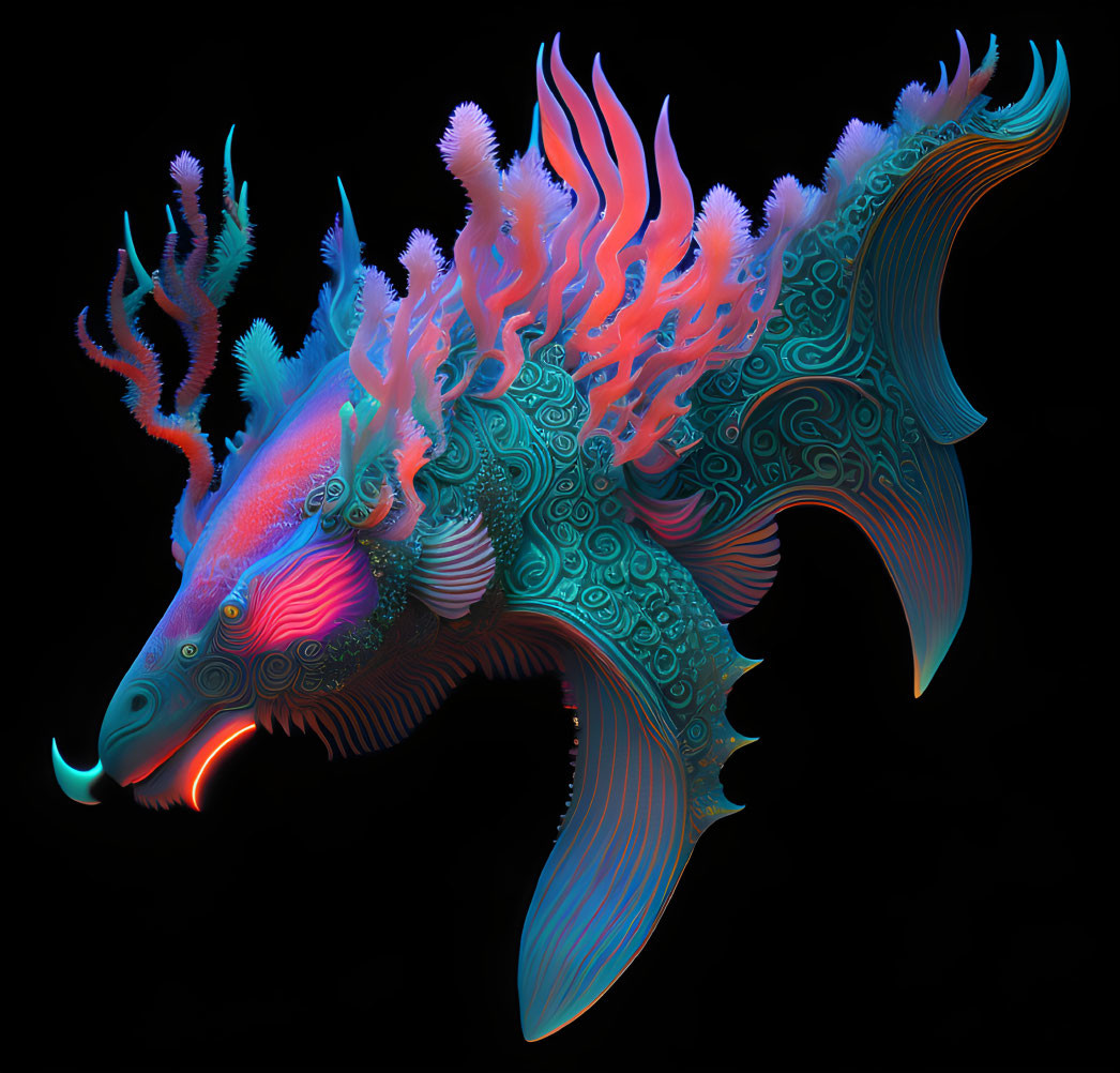 Colorful fantastical creature with neon coral-like growths and glowing tusks on dark backdrop