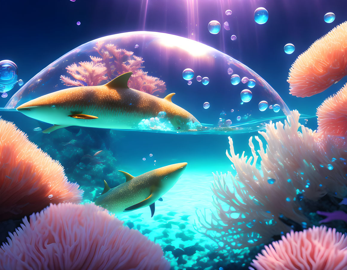 Colorful underwater scene with fish, jellyfish dome, coral, and bubbles in blue and purple light