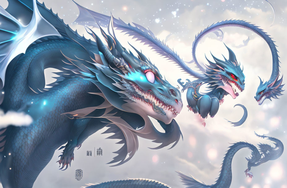 Blue multi-headed dragon digital artwork with red eyes and cloudy sky backdrop