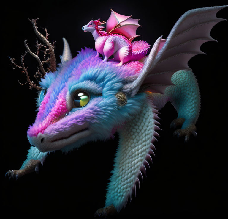 Colorful blue dragon with pink accents and tiny rider dragon in a fantastical scene