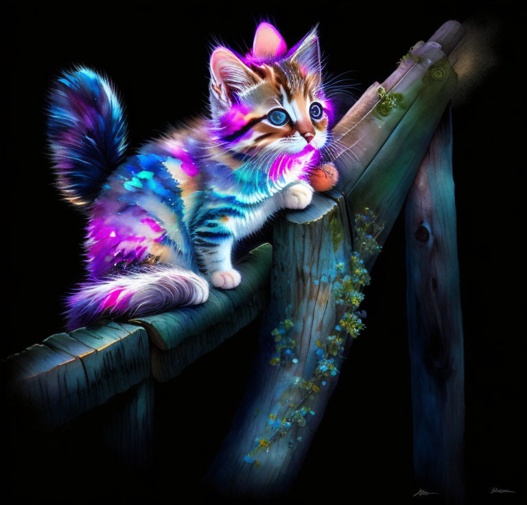 Colorful Glowing Kitten on Wooden Beam Against Black Background