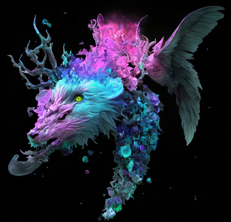 Fantastical winged dragon in blue and purple hues with glowing green eyes on black background