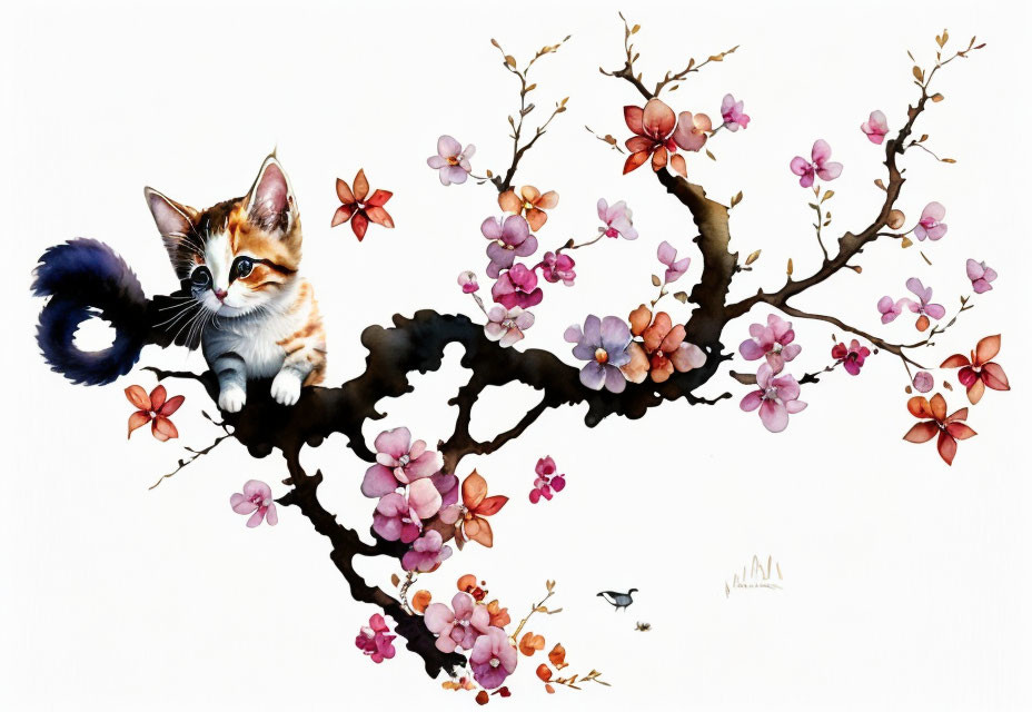 Blue-eyed kitten on flowering branch with pink blossoms and butterflies