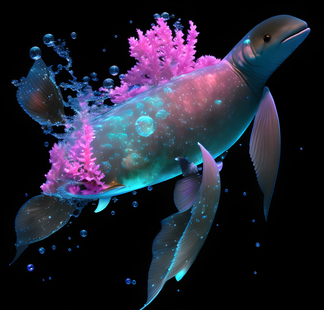 Cosmic-themed dolphin with starry night sky body and coral formations