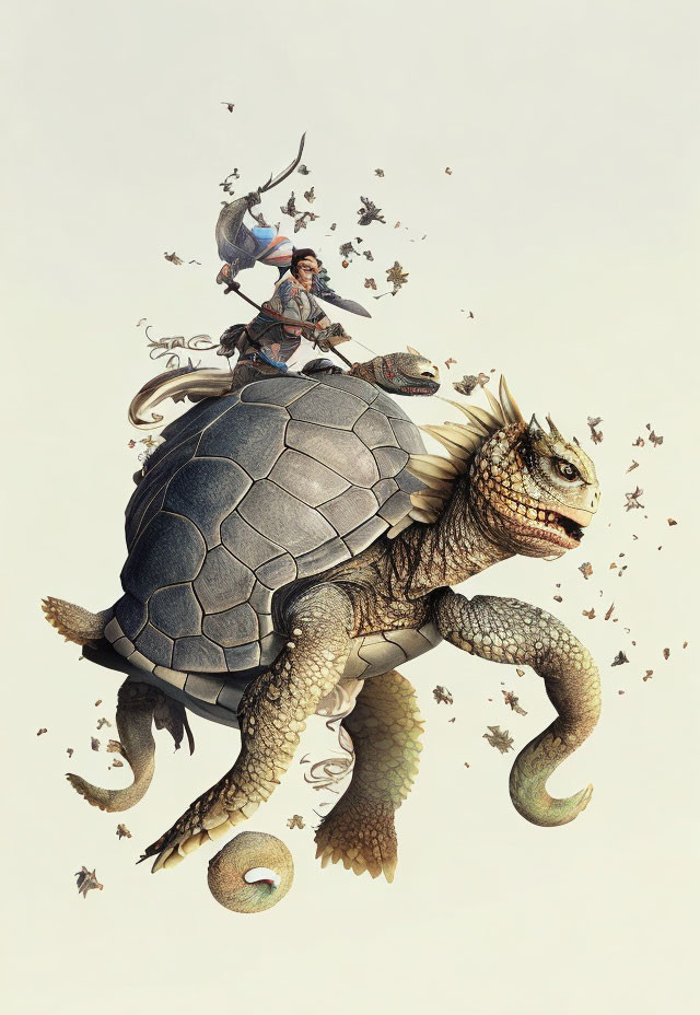 Illustration of two people on giant turtle flying with birds and debris