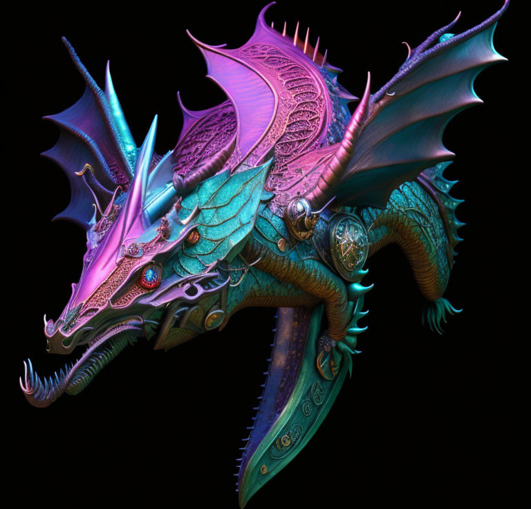 Intricate Steampunk Dragon Artwork on Dark Background