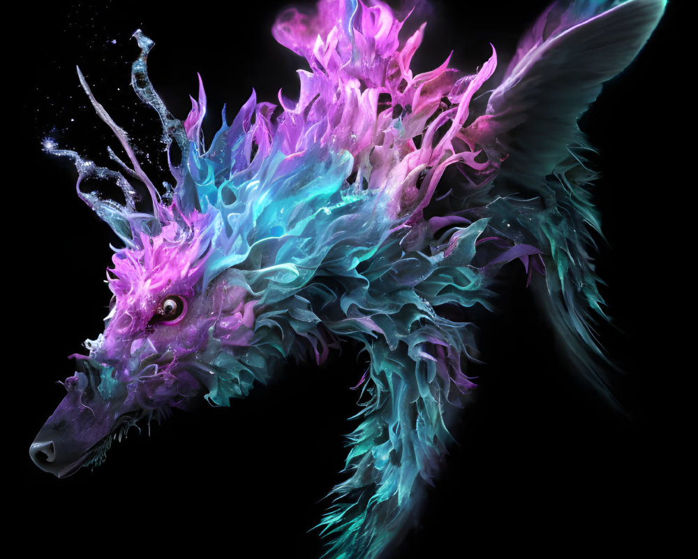 Colorful dragon-like creature with neon pink and blue hues on dark background