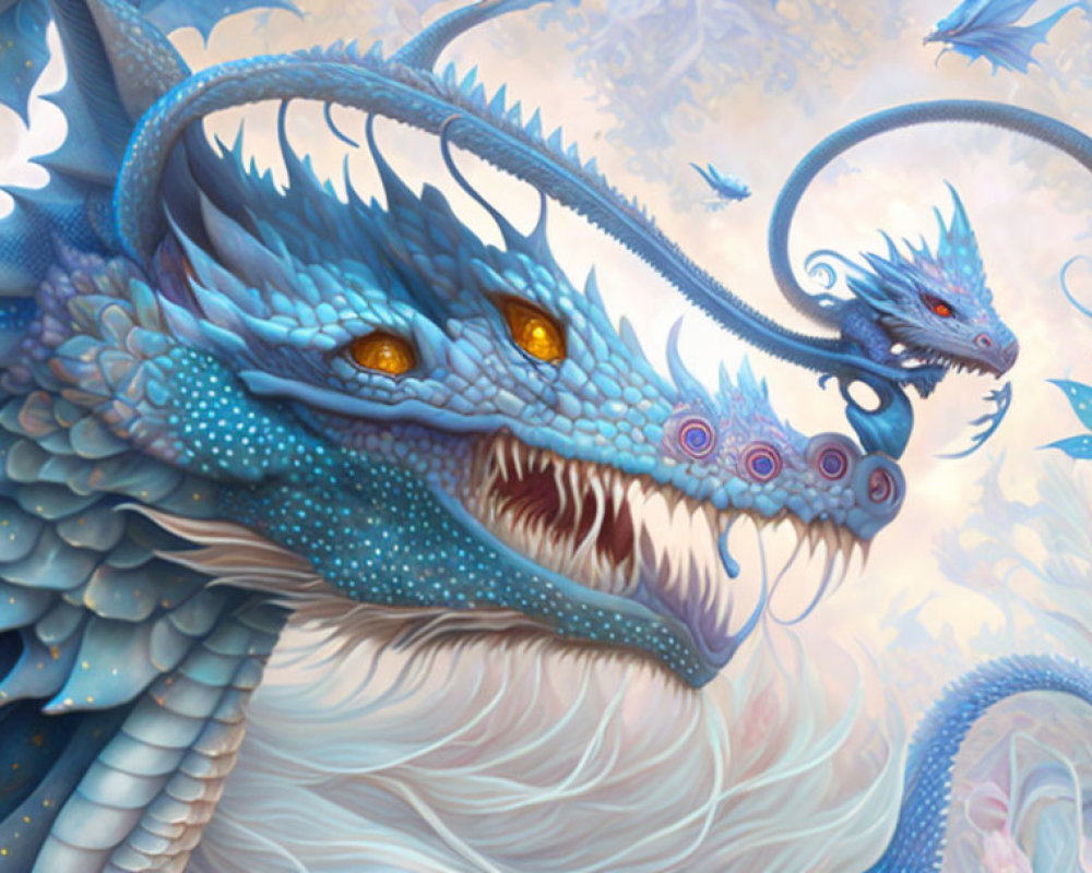 Blue Dragon with Horns and Flying Dragons in Floral Blue Scene