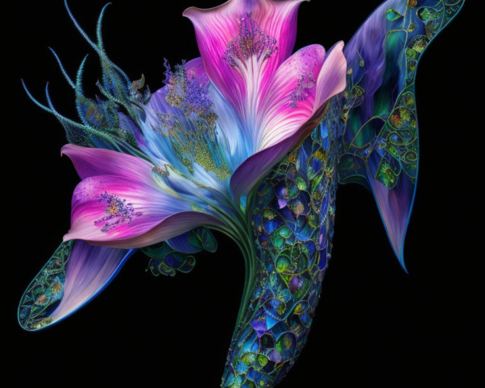 Surreal iridescent whale with floral anatomy on black background