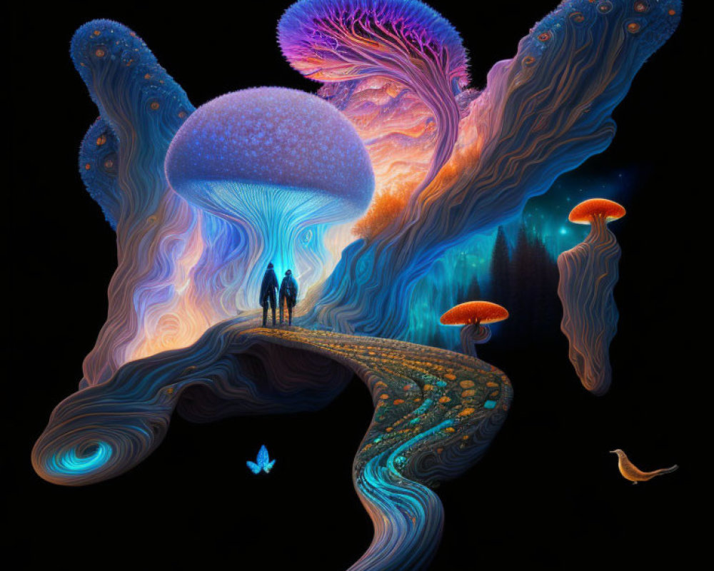 Fantastical artwork: Two figures, colossal iridescent mushrooms, vibrant butterfly, dark backdrop
