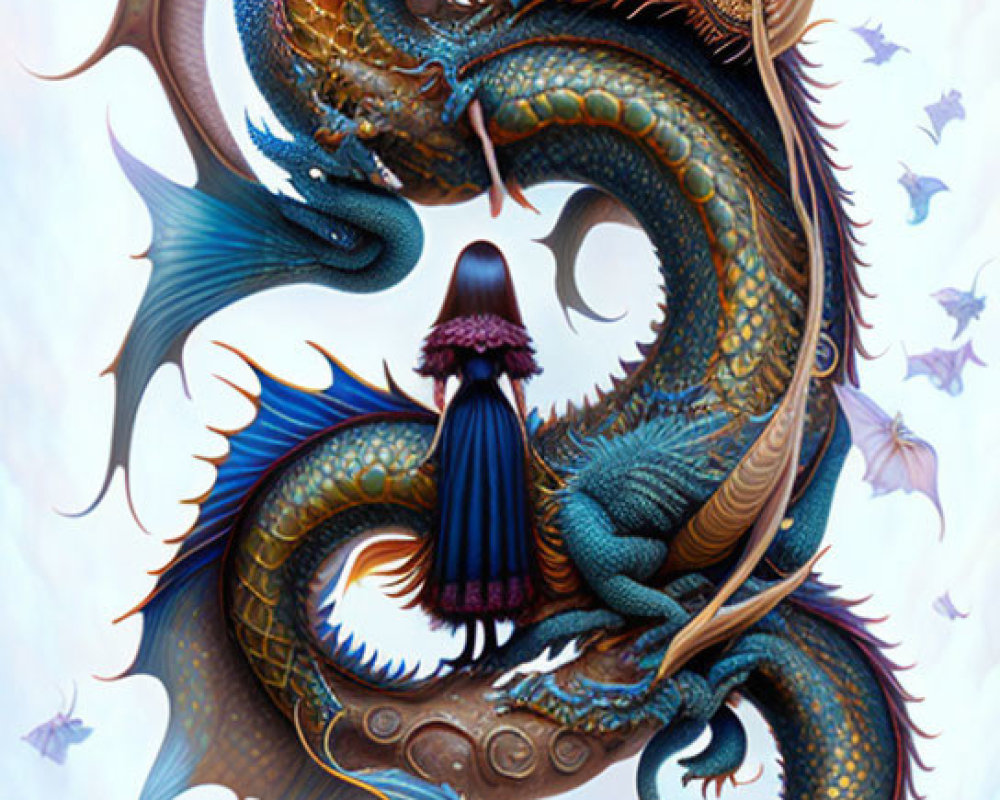 Stylized painting of person and dragon in sky with fish-like creatures