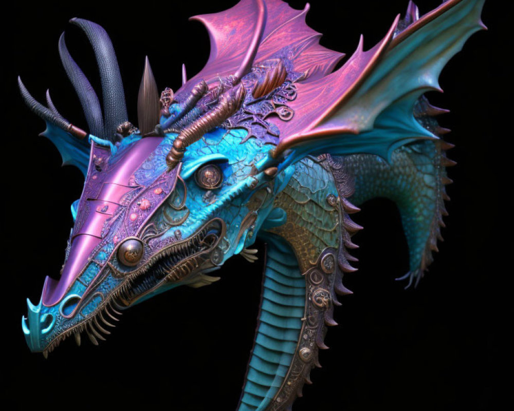 Mechanical dragon digital artwork with blue and purple hues and intricate gears