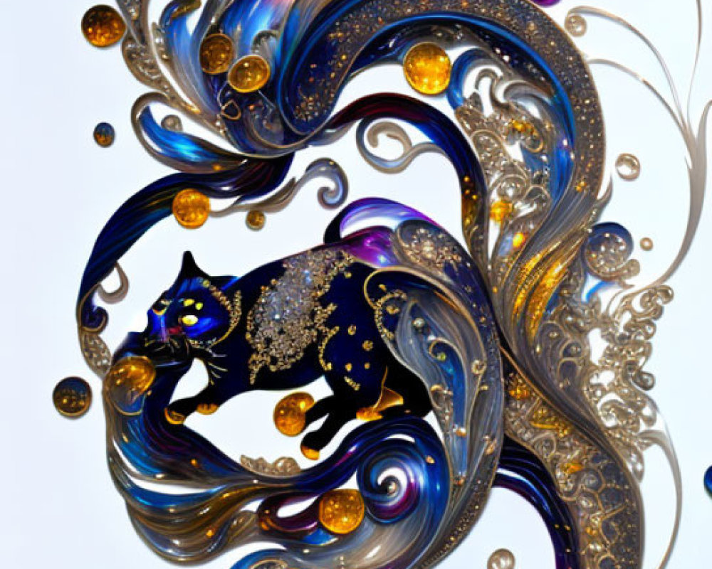 Intricate Abstract Artwork: Swirling Blue, Purple, and Gold Patterns