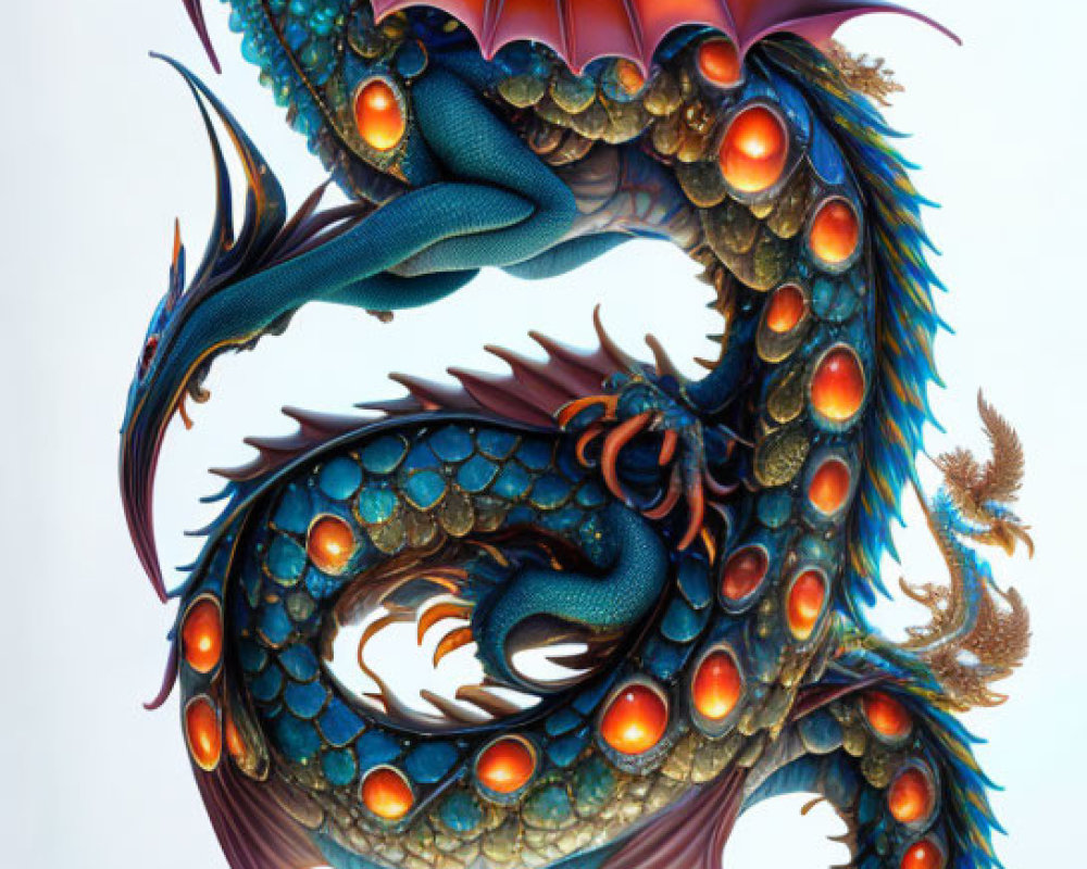 Colorful Dragon with Blue Scales and Red-Orange Wings on Pale Background