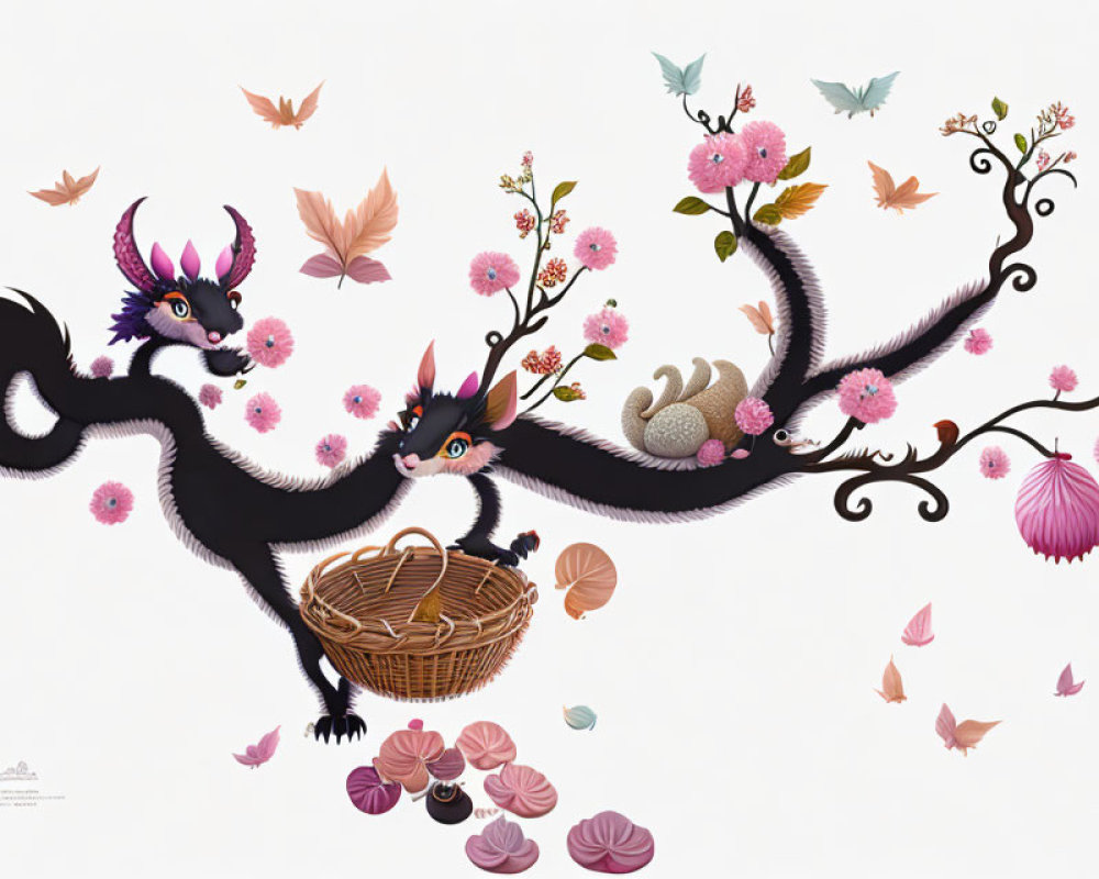 Whimsical black creatures with horns in pink floral scene