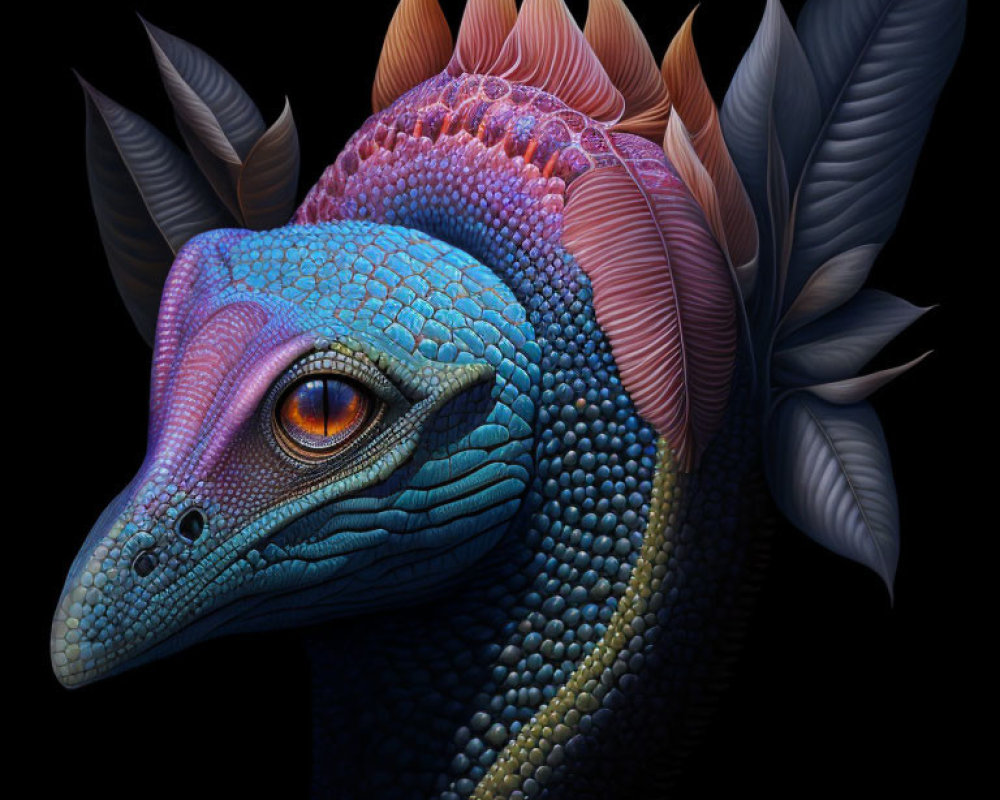 Vibrant blue dinosaur-like creature with orange eye and colorful frill