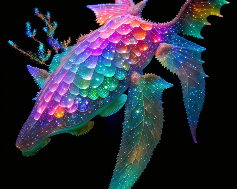 Colorful digital artwork: Fantastical fish with neon scales and fins