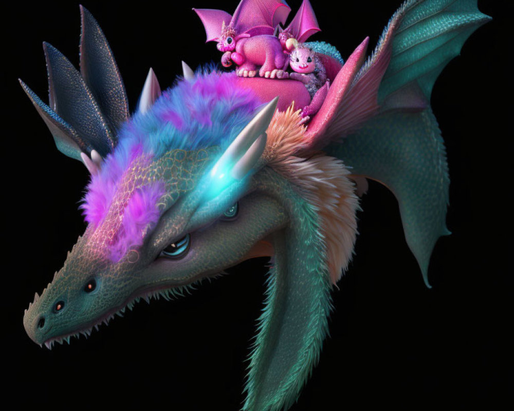 Colorful Dragon Artwork with Blue, Green, and Pink Tones
