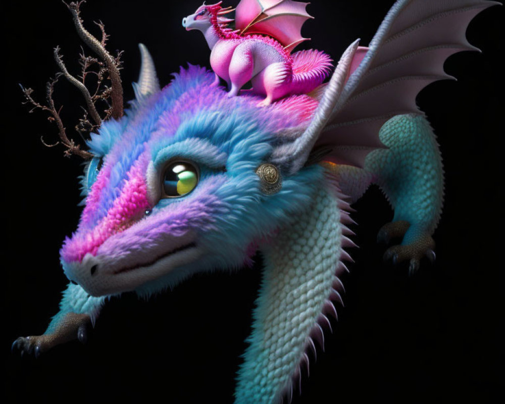 Colorful blue dragon with pink accents and tiny rider dragon in a fantastical scene