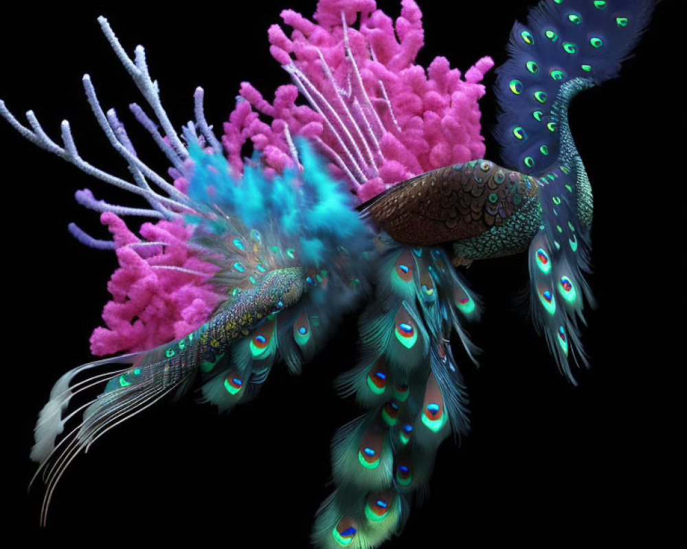 Colorful digital artwork: Peacock with extravagant tail & fantasy elements