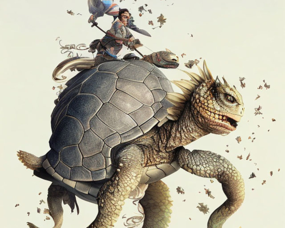 Illustration of two people on giant turtle flying with birds and debris