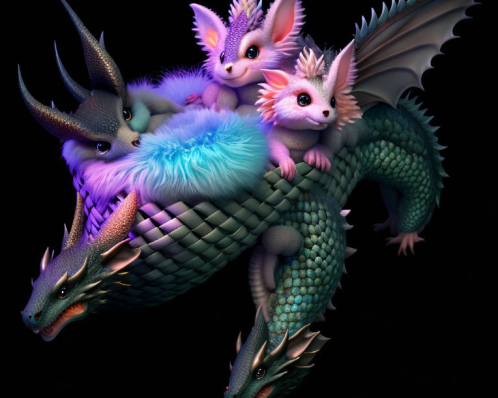 Colorful Fantasy Dragons with Intricate Scales on Dark Background