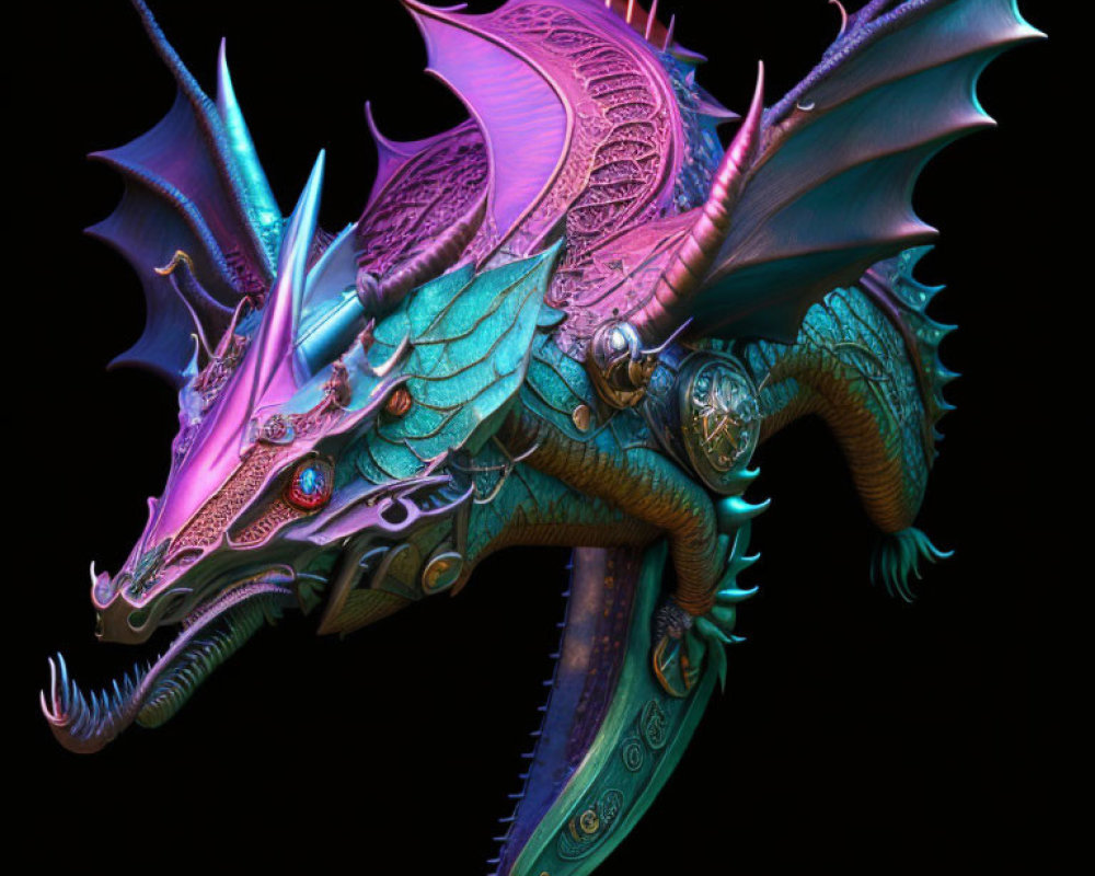 Intricate Steampunk Dragon Artwork on Dark Background