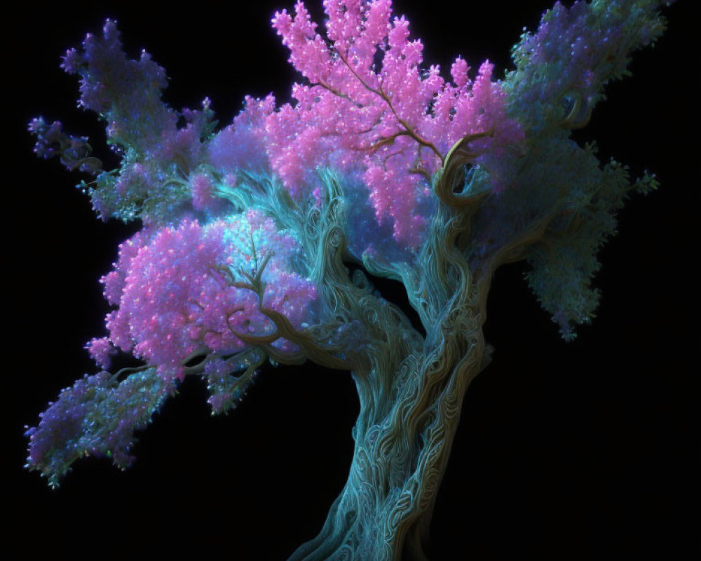 Whimsical tree digital artwork with glowing pink and blue hues