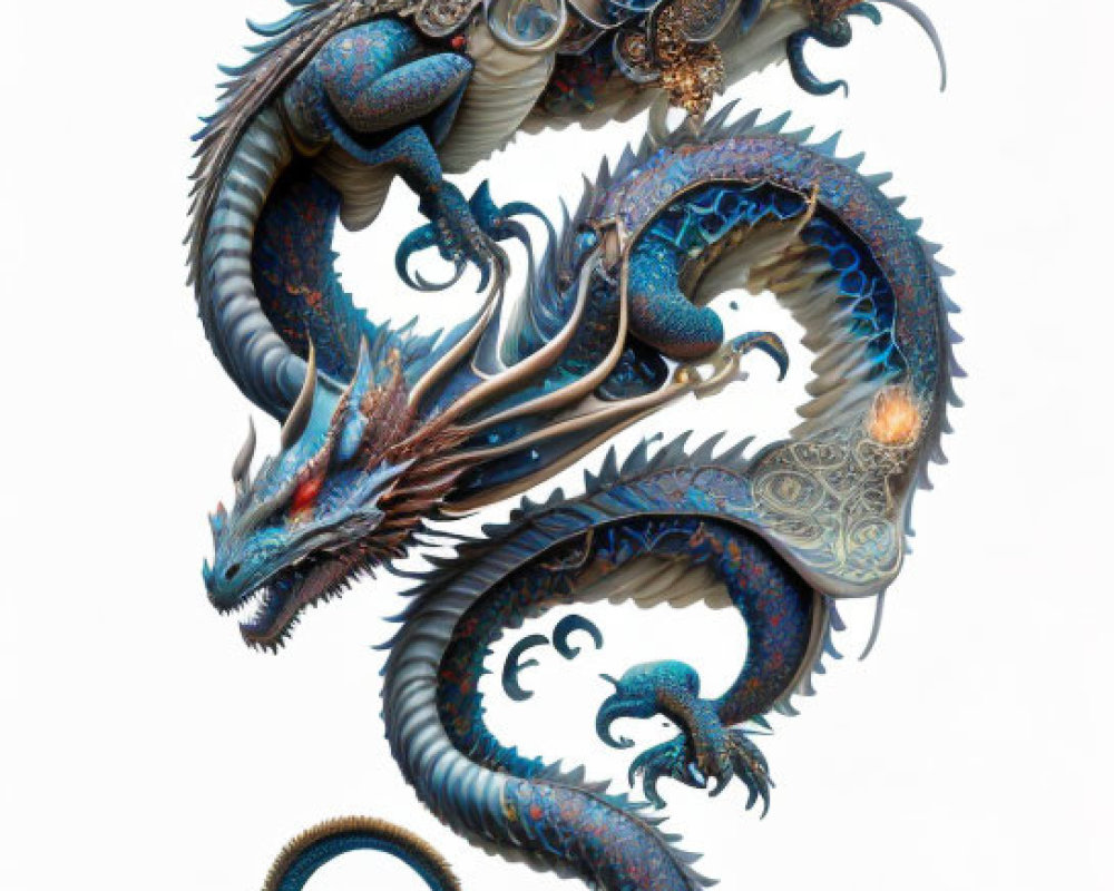 Detailed Mythical Dragon Illustration: Intricate Blue Patterns and Ornate Scales