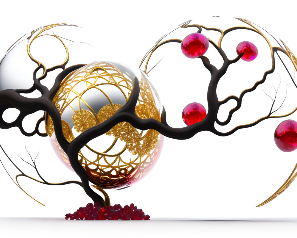 Abstract 3D Artwork: Golden lattice sphere with red orbs and black tree designs