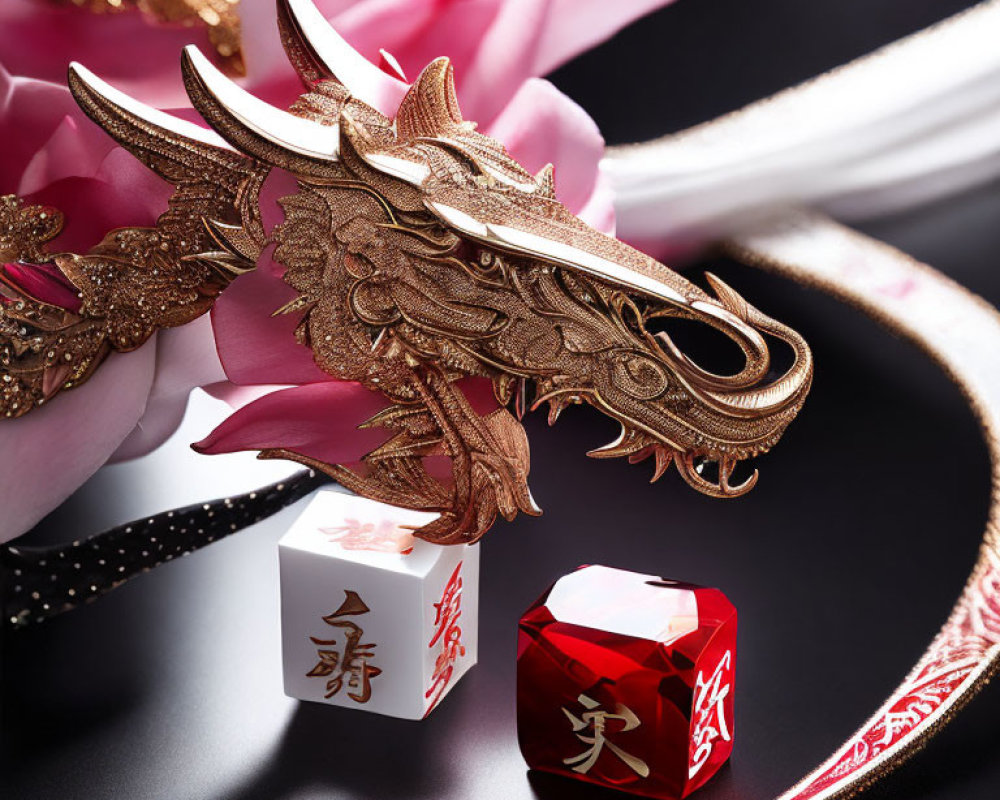 Golden dragon figurine with pink flowers and red Chinese dice on white pedestal.